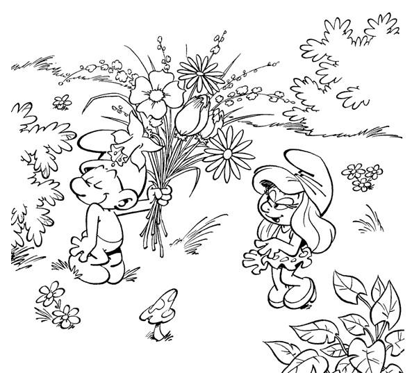 coloriage schtroumpf offrant des fleurs a la schtroumppfette